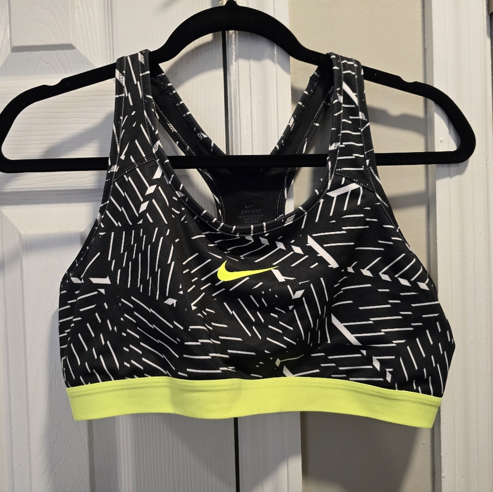 Nike Black White Patterned Sports Bra with Neon Yellow Accent